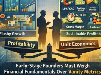Illustration of early-stage startup founders analyzing dashboards that contrast vanity metrics like user growth with profitability-focused unit economics benchmarks such as LTV, CAC, and margins.