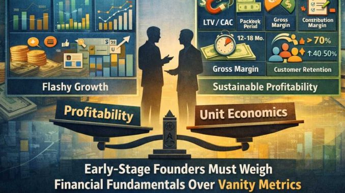 Illustration of early-stage startup founders analyzing dashboards that contrast vanity metrics like user growth with profitability-focused unit economics benchmarks such as LTV, CAC, and margins.