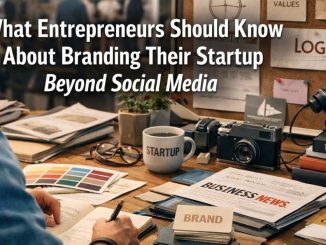 An entrepreneur working at a desk with branding materials, including color palettes, business cards, and notes on vision and values, symbolizing startup branding beyond social media.