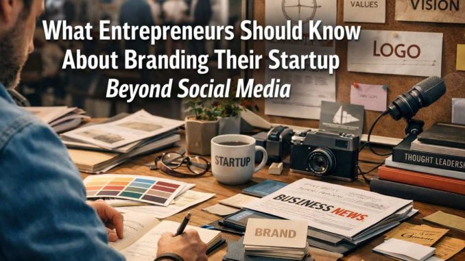An entrepreneur working at a desk with branding materials, including color palettes, business cards, and notes on vision and values, symbolizing startup branding beyond social media.