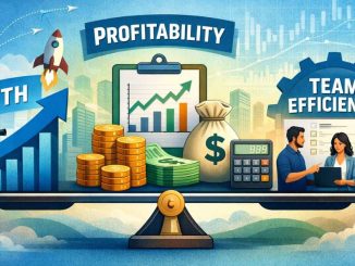 Illustration showing a balance between startup growth, profitability, and team efficiency, with charts, coins, and a collaborative team symbolising sustainable business strategy.