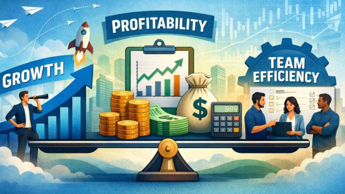 Illustration showing a balance between startup growth, profitability, and team efficiency, with charts, coins, and a collaborative team symbolising sustainable business strategy.