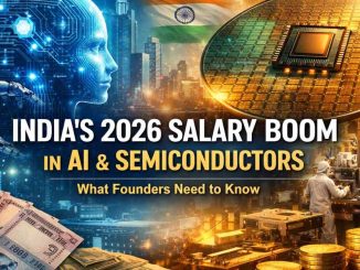 Illustration of Indian engineers working on AI algorithms and semiconductor chips, with a futuristic digital city skyline in the background, symbolizing India’s 2026 tech growth.