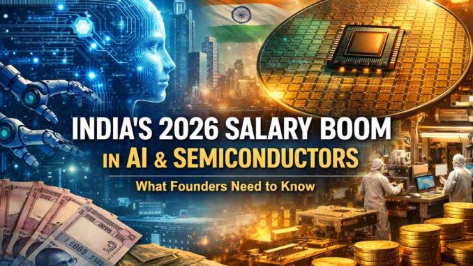 Illustration of Indian engineers working on AI algorithms and semiconductor chips, with a futuristic digital city skyline in the background, symbolizing India’s 2026 tech growth.