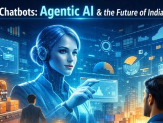 Futuristic illustration showing an autonomous AI agent interacting with digital dashboards and robotic systems, symbolizing agentic AI driving Indian SaaS innovation in 2026.