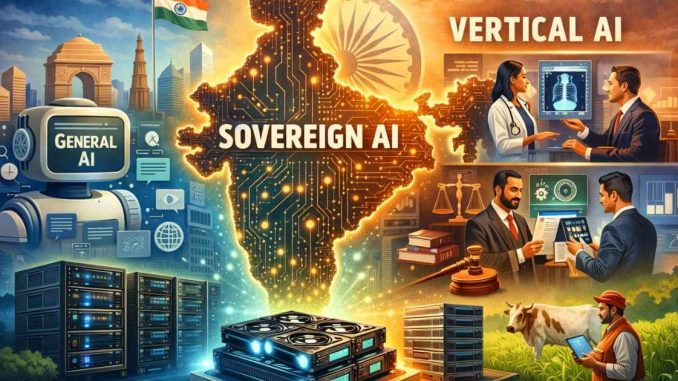 Illustration depicting India’s rise in sovereign artificial intelligence, with a digital map of India formed by neural networks and data infrastructure representing vertical AI models built by startups.