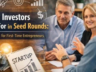 Investors in a meeting with a startup founder, with visual icons of growth, funding, and strategy illustrating what investors look for in seed funding rounds.