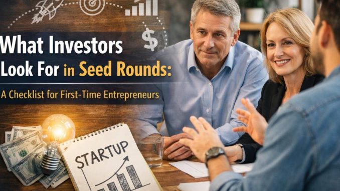 Investors in a meeting with a startup founder, with visual icons of growth, funding, and strategy illustrating what investors look for in seed funding rounds.