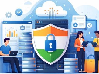 A flat-style illustration showing a shield with the Indian tricolour and a padlock, placed in front of cloud servers and data systems, with people working around secure digital infrastructure.