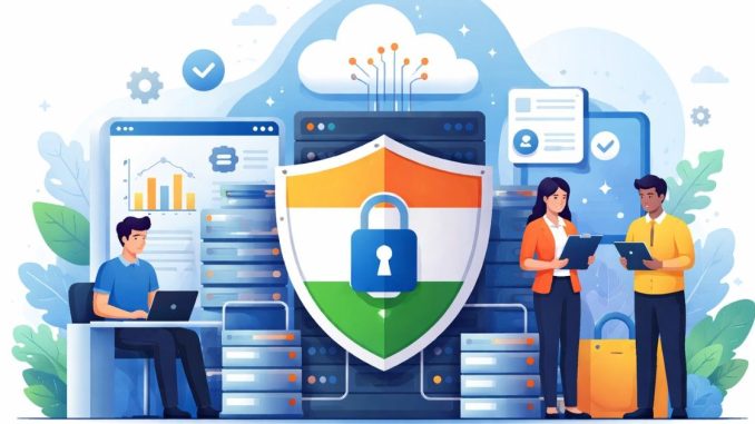 A flat-style illustration showing a shield with the Indian tricolour and a padlock, placed in front of cloud servers and data systems, with people working around secure digital infrastructure.