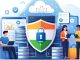 A flat-style illustration showing a shield with the Indian tricolour and a padlock, placed in front of cloud servers and data systems, with people working around secure digital infrastructure.