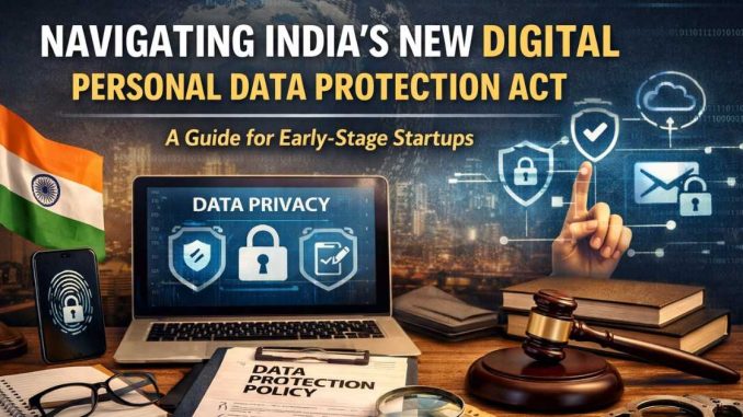 Illustration of a startup founder reviewing data privacy compliance documents on a laptop with security shield icons, consent screens, and a digital India map in the background.
